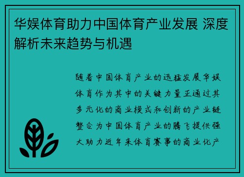 华娱体育助力中国体育产业发展 深度解析未来趋势与机遇
